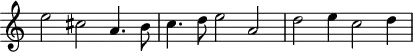 
\header {
  tagline = ##f
}
\score {
  \new Staff \with {
     \remove "Time_signature_engraver"
  }
<<
  \relative c'' {
    \key c \major
    %\clef bass
    \time 3/2
    \override TupletBracket #'bracket-visibility = ##f 
     %%% f° 5
     e2 cis a4. b8 c4.  d8  e2 a, d e4 c2 d4
  }
>>
  \layout {
     \context { \Score \remove "Metronome_mark_engraver" }
  }
  \midi {}
}
