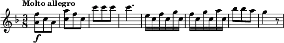 
\relative c'' {
  \version "2.18.2"
  \tempo "Molto allegro"
  \key f \major
  \time 3/8
   \tempo 4 = 170
  < a f'>8\f c a
  < c a'>8 f c
  c' c c c4.
  e,16 c f c g' c,
  f c g' c, a' c,
  bes'8 bes a
  g4 r8
}
