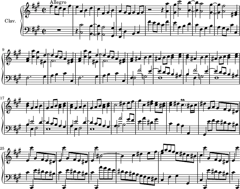 
\version "2.18.2"
\header {
  tagline = ##f
  % composer = "Domenico Scarlatti"
  % opus = "K. 447"
  % meter = "Allegro"
}
%% les petites notes
trillCisp       = { \tag #'print { cis4.\prall } \tag #'midi { dis32 cis cis cis~ cis4 } }
upper = \relative c'' {
  \clef treble 
  \key fis \minor
  \time 2/2
  \tempo 2 = 82
  \set Staff.midiInstrument = #"harpsichord"
  \override TupletBracket.bracket-visibility = ##f
      s8*0^\markup{Allegro}
      fis4 e8 d cis4 fis | e a, b d | cis fis, gis b | a gis8 fis gis4 fis8 gis | 
      % ms. 5
      r2 r4 < a a' >4 | < gis gis' > < cis cis' >2 < b b' >4~ | q < a a' >2 < gis gis' >4~ | q < a fis' >2 < gis eis >4 | < a fis > \repeat unfold 2 { < cis a' > < b gis' >
      % ms. 9 fin
      << { d4~ | d cis8 b a4 } \\ { eis4 | fis2. } >> < eis gis >4 | < fis a > } \repeat unfold 2 { ais4 b cis | ais b8 cis < b d >4 < cis e > | < b d > }
      % ms. 17
      gis4 a b | gis a8 b < cis a >4 < b d > | < a cis > gis a b |
      % ms. 20
      gis4 a8 b < cis a >4 < b d > | cis2 dis4 e8 fis | gis4 cis, < dis fis > < cis e >8 < bis dis > | < cis e >4 dis \trillCisp bis16 cis | dis4 gis,8 a gis fis e dis |
      % ms. 25
      \repeat unfold 2 { e4 cis'' gis,8 fis e dis } | e4 cis'' bis,2~ | bis4 cis dis e8 fis | << { gis8 a gis fis } \\ { e4 } >> e8 dis cis bis
      % ms. 30
      cis4 cis' gis,8 fis e dis | e4 cis''
}
lower = \relative c' {
  \clef bass
  \key fis \minor
  \time 2/2
  \set Staff.midiInstrument = #"harpsichord"
  \override TupletBracket.bracket-visibility = ##f
    % ************************************** \appoggiatura a16  \repeat unfold 2 {  } \times 2/3 { }   \omit TupletNumber 
      R1 | r4 < cis, cis' >2 < b b' >4~ | q < a a' >2 < gis gis' >4 | < fis fis' > d' b cis |
      % ms. 5
      fis' e8 d cis4 fis | e a, b d | cis fis, gis b | a gis8 fis cis'4 cis, | fis2. gis4 |
      % ms. 10
      a4 b cis cis, | fis2. gis4 | a b cis cis, | << { fis4 fis'2 e4~ | e d8 cis b4 ais } \\ { fis2 g | fis1 } >>
      % ms. 15
      << { b4 fis'2 e4~ | e d8 cis b4 ais | b4 e2 d4~ | d cis8 b a4 gis } \\ { b4 fis g2 | fis1 | b4 e, fis2 | e1 } >>
      % ms. 19
      << { a4 e'2 d4~ | d cis8 b a4 gis | a4 a'2 gis8 fis } \\ { a,4 e fis2 | e1 | a2 b } >> | e4 a dis, gis | cis, b a a, | gis e''8 fis e dis cis bis |
      % ms. 25
      cis4 cis,, \repeat unfold 2 { e''8 dis cis bis | cis4 cis,, } a'''8 gis fis e | dis cis bis a gis fis e dis | cis4 fis gis gis, |
      % ms. 30
      cis4 cis, e''8 dis cis bis | cis4 cis,,
}
thePianoStaff = \new PianoStaff <<
    \set PianoStaff.instrumentName = #"Clav."
    \new Staff = "upper" \upper
    \new Staff = "lower" \lower
  >>
\score {
  \keepWithTag #'print \thePianoStaff
  \layout {
      #(layout-set-staff-size 17)
    \context {
      \Score
     \override SpacingSpanner.common-shortest-duration = #(ly:make-moment 1/2)
      \remove "Metronome_mark_engraver"
    }
  }
}
\score {
  \keepWithTag #'midi \thePianoStaff
  \midi { }
}
