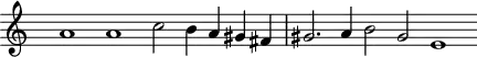 
\header {
  tagline = ##f
}
\score {
  \new Staff \with {
     \remove "Time_signature_engraver"
  }
<<
  \relative c'' {
    \key c \major
    %\clef bass
    \time 4/1
    \override TupletBracket #'bracket-visibility = ##f 
     %%% f° 61-65
     s2 a1 a  c2 b4 a gis fis | gis2. a4 b2 gis  e1
  }
>>
  \layout {
     \context { \Score \remove "Metronome_mark_engraver" }
  }
  \midi {}
}
