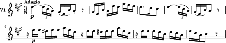 
\version "2.18.2"
 \new Staff \with { instrumentName = #"V1"}
 \relative c'' {
    \key a\major 
    \tempo "Adagio"
    \time 3/8
    \tempo 4 = 60 
     e4 \p ~\tuplet 3/2 {e16 (cis a)}
     \scaleDurations 2/3 {gis (e b')} a8-. r          
     \scaleDurations 2/3 {gis16 [e b'] a [fis' e] a [gis fis]}
     e8. d16 cis8
     e4 ~\tuplet 3/2 {e16 (cis a)}
     \scaleDurations 2/3 {gis (e b')} a8-. r   
     \scaleDurations 2/3 {r16 fis' \p [fis] eis [fis fis] a [fis d]}
     \scaleDurations 2/3 {r16 e [e] dis [e e] a [e cis]}
     \scaleDurations 2/3 {r16 e [e] e [d b] d [cis a]}
     \scaleDurations 2/3 {e' cis a} b8 r
 }
