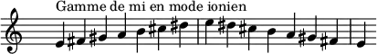 
\relative c' { 
  \clef treble \time 7/4 \hide Staff.TimeSignature e4^\markup { Gamme de mi en mode ionien } fis gis a b cis dis e dis cis b a gis fis e
}
