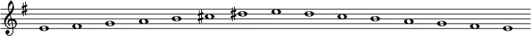 
\new Staff {
  \relative c' {
    \key e \minor
    \override Staff.TimeSignature #'stencil = ##f
    \override Staff.BarLine #'stencil = ##f
     e1 fis g a b cis dis e d c b a g fis e
  }
}
\midi {
  \context {
    \Score
    tempoWholesPerMinute = #(ly:make-moment 120 1)
  }
}
