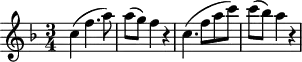 
\version "2.18.2"
\header {
  tagline = ##f
  % composer = "Mozart"
  % opus = "K. 622"
  % meter = "Adagio"
}
\score {
<<
  \relative c'' {
    \key f \major
    \time 3/4
    \override TupletBracket #'bracket-visibility = ##f 
    %\autoBeamOff
     %%%%%% K622
     c4( f4. a8) a8( g) f4 r4 c4.( f8 a c) c( bes) a4 r4 
  }
>>
  \layout {
     #(layout-set-staff-size 17)
     \context { \Score \remove "Metronome_mark_engraver" 
     \override SpacingSpanner.common-shortest-duration = #(ly:make-moment 1/2)
     }
  }
  \midi { \set Staff.midiInstrument = #"clarinet" }
}
