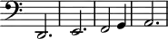 
\version "2.18.2"
\header {
  tagline = ##f
  % composer = "Johann Pachelbel"
  % opus = ""
  % meter = ""
}
\score {
<<
  \relative c {
   \clef bass
    \key c \major
    \time 3/4
    \omit Staff.TimeSignature
    \override TupletBracket #'bracket-visibility = ##f 
     d,2. e f2 g4 | a2.
  }
>>
  \layout {
     #(layout-set-staff-size 17)
     \context { \Score \remove "Metronome_mark_engraver" 
     \override SpacingSpanner.common-shortest-duration = #(ly:make-moment 1/2)
     }
  }
}
