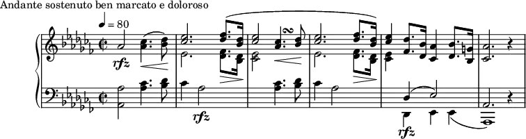 
\version "2.18.2"
\header {
  tagline = ##f
}
upper = \relative c'' {
  \clef treble 
  \key aes \minor
  \time 2/2
  \tempo 4 = 80
  %\autoBeamOff
   %%Montgeroult — Étude 89 (pdf p. 101)
   aes2\rfz < ces aes >4.\<( < des bes >8\!)
   << { < ees ces >2. < fes des >8.( < des bes >16 } \\ { ees,2. < fes des >8.\> < des bes >16\! } >>
   << { < ees' ces >2 <<{ < ces aes >4.\< < des bes >8\! } { s4 s\turn }>> } \\ { < ees, ces >2 } >>
   << { < ees' ces >2. < fes des >8. < des bes >16) } \\ { ees,2. < fes des >8.\> < des bes >16\! } >>
   << { < ees' ces >4 } \\ { < ees, ces >4 } >>
   < des' fes, >8. < bes des, >16 < aes ces, >4
   < bes des, >8. < g! bes, >16 < aes ces, >2. r4
}
lower = \relative c {
  \clef bass
  \key aes \minor
  \time 2/2
   < aes' aes, >2 < ces aes >4. < des bes >8 ces4 aes2\rfz
   s2. < ces aes >4. < des bes >8
   ces4 aes2 s2
   << { des,4\rfz( ees2) aes,2. d4\rest } \\ { des,4 ees ees( aes,1) } >>
}
  \header {
    piece = "Andante sostenuto ben marcato e doloroso"
  }
\score {
  \new PianoStaff <<
    \new Staff = "upper" \upper
    \new Staff = "lower" \lower
  >>
  \layout {
    \override TupletBracket.bracket-visibility = ##f
    \context {
      \Score
      %\remove "Metronome_mark_engraver"
    }
  }
  \midi { }
}
