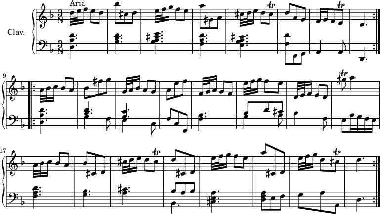 
\version "2.18.2"
\header { 
  tagline = ##f
  % composer = "Domenico Scarlatti"
  % opus = "K. 32"
  % meter = "Aria"
}
%% les petites notes
trillCisq     = { \tag #'print { cis8\trill } \tag #'midi { d64 cis d cis~ cis16 } }
trillEq       = { \tag #'print { e8\trill } \tag #'midi { f64 e f e~ e16 } }
trillGisqUp   = { \tag #'print { gis'8\trill } \tag #'midi { a64 gis a gis~ gis16 } }
upper = \relative c'' {
  \clef treble 
  \key d \minor
  \time 3/8
  \tempo 4. = 25
  \set Staff.midiInstrument = #"harpsichord"
  \override TupletBracket.bracket-visibility = ##f
\repeat volta 2 {
      s8*0^\markup{Aria}
      d32[ e f16] e8 d | bes'8 cis, d | e32[ f g16] f8 e | a8 gis, a | cis32[ d e16] d8 \trillCisq | d8 a g |
      % ms. 7
      f16 g f8 \trillEq | d4.
      }% reprise
\repeat volta 2 {
      % ms. 9
      a'32[ bes c16] bes8 a | bes fis' g | g,32[ a bes16] a8 g | a8 e' f | 
      % ms. 13
      f,32[ g a16] g8 f | e'32[ f g16] f8 e | d,32[ e f16] e8 d | \trillGisqUp a4 | a,32[ bes c16] bes8 a | bes cis, d |
      % ms. 19
      cis'32[ d e16] d8 \trillCisq | d8 cis, d | e'32[ f g16] f8 e | a8 cis,, d | e'32[ f g16] d8 \trillCisq | d4.
      }%reprise
}
lower = \relative c' {
  \clef bass
  \key d \minor
  \time 3/8
  \set Staff.midiInstrument = #"harpsichord"
  \override TupletBracket.bracket-visibility = ##f
\repeat volta 2 {
    % ************************************** \appoggiatura \repeat unfold 2 {  } \times 2/3 { }
      < d, a' d >4.-\tweak stencil ##f \p | < g bes d > | < g a cis e > | < f a d > | < e g a cis > | < f d' >8 f, g |
      % ms. 7
      a4 a8 | d,4.
      }% reprise
\repeat volta 2 {
      < d' a' d >4.-\tweak stencil ##f \p | << { < bes' d >4. | < g c > } \\ { g4 f8 | e4 c8 } >> | f8 c f, |
      % ms. 13
      < f' a >4. | << { bes8 d cis } \\ { g4 a8 } >> | bes4 f8 | e8 a16 g f e | < f a d >4. | < g bes >
      % ms. 19
      < a cis >4. | << { bes8 a bes } \\ { bes,4. } >> | < cis e a >4. | < d f a >8 e f | g a a, | d4. 
      }%reprise
}
thePianoStaff = \new PianoStaff <<
    \set PianoStaff.instrumentName = #"Clav."
    \new Staff = "upper" \upper
    \new Staff = "lower" \lower
  >>
\score {
  \keepWithTag #'print \thePianoStaff
  \layout {
      #(layout-set-staff-size 17)
    \context {
      \Score
     \override SpacingSpanner.common-shortest-duration = #(ly:make-moment 1/2)
      \remove "Metronome_mark_engraver"
    }
  }
}
\score {
  \unfoldRepeats
  \keepWithTag #'midi \thePianoStaff
  \midi { }
}
