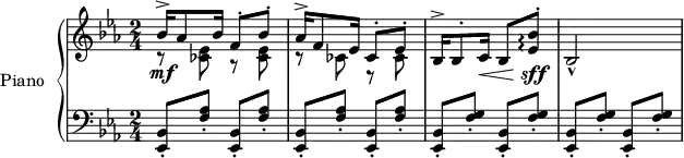 
\version "2.14.2"
\header {
  tagline = ##f
}
upper = \relative c'' {
  \clef treble 
  \key ees \major
  \time 2/4
  \tempo 4 = 100
  \tempo "Presto"
  %\autoBeamOff
   << { bes16->\mf aes8 bes16 f8-. bes-. aes16-> f8 ees16 ces8-. ees-. } \\  { \repeat unfold 2 { r8 < ees ces >8 } \repeat unfold 2 { r8 ces8 } } >>
   bes16^> bes8^. c16\< bes8 < bes'^. ees, >8\arpeggio\sff bes,2-^
}
lower = \relative c {
  \clef bass
  \key ees \major
  \time 2/4
   \repeat unfold 4 {< bes-. ees, >8 < aes'-. f >8 }
   \repeat unfold 4 {< bes,-. ees, >8 < g'-. f >8 }
} 
\score {
  \new PianoStaff <<
    \set PianoStaff.instrumentName = #"Piano"
    \new Staff = "upper" \upper
    \new Staff = "lower" \lower
  >>
  \layout {
    \context {
      \Score
      \remove "Metronome_mark_engraver"
    }
  }
  \midi { }
}
