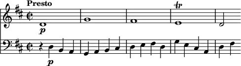 
<<
  \new Staff  
  \relative c' {
     \version "2.18.2"
     \key d \major
     \tempo "Presto"
     \time 2/2
   d1\p g fis e\trill d2
  } 
  \new Staff
  \relative c' {
    \clef bass
    \key d \major
    \time 2/2
   r4 d,4\p b a
   g a b cis 
   d e fis d
   g e cis a
   d fis  
  }
>>
