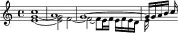 
\version "2.18.2"
\header {
  tagline = ##f
  % composer = "Johann Pachelbel"
  % opus = "Toccata en do majeur, P. 454"
  % meter = ""
}
\score {
<<
  \relative c'' {
    \key c \major
    \time 4/4
    \override TupletBracket #'bracket-visibility = ##f 
     %s8*0^\markup{Aria}
     << { c1 a g~ | g16 g a b c } \\ { < e, g >1~ q2 f~ | f~ f8 e16 f e f e d e } >>
  }
>>
  \layout {
     #(layout-set-staff-size 17)
     \context { \Score \remove "Metronome_mark_engraver" 
     \override SpacingSpanner.common-shortest-duration = #(ly:make-moment 1/2)
     }
  }
}
