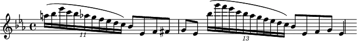 
\header {
  tagline = ##f
}
\score {
  \new Staff \with {
  }
<<
  \relative c'' {
    \key ees \major
    \time 4/4
    \override TupletBracket #'bracket-visibility = ##f
    \set Staff.midiInstrument = #"violin"
    \tempo 4 = 55
     %%%%%%%%%%%%%%%%%%%%%%%%%% Le streghe
     \partial 2. {\times 4/11 { a'!16[( bes ees c bes aes g f ees d c)] }} bes8 ees, f fis g ees
     {\times 4/13 { bes''16[( g' f ees c bes aes g f ees d c)] }} bes8 ees, f g ees4
  }
>>
  \layout {
     \context { \Score \remove "Metronome_mark_engraver" }
  }
  \midi {}
}
