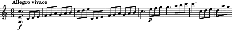 
\version "2.18.2"
\relative c'' {
  \tempo " Allegro vivace"
  \key c \major
  \time 6/8
  \tempo 4 = 200
   <g, e' c'>4. \f c8 d e
   f g a g a b
   c d e c, d e
   f g a g a b
   c4. e8  \p f g
   g4. a8 b c
   c4. c,8 d e
   d a' g
}
