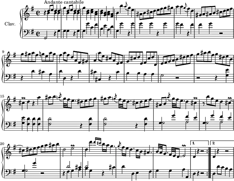 
\version "2.18.2"
\header {
  tagline = ##f
  % composer = "Domenico Scarlatti"
  % opus = "K. 304"
  % meter = "Andante cantabile"
}
%% les petites notes
trillCis      = { \tag #'print { cis4\prall~ } \tag #'midi { d32 cis d cis~ cis8~ } }
trillEb       = { \tag #'print { e2\prall } \tag #'midi { fis32 e fis e~ e8~ e4 } }
upper = \relative c'' {
  \clef treble 
  \key g \major
  \time 2/2
  \tempo 2 = 58
  \set Staff.midiInstrument = #"harpsichord"
  \override TupletBracket.bracket-visibility = ##f
  \repeat volta 2 {
      s8*0^\markup{Andante cantabile}
      r4 \repeat unfold 2 { << { d8 e d4 d | s4 } \\ { b4 b b | g' } >> } < b, d >4 < c e > < a c > | < b d > < g b > < a c > < fis a > | b b' \appoggiatura a8 g4 e |
      % ms. 6
      ais,8 b cis d e fis g gis | a4 a \appoggiatura g8 fis4 d | gis,8 a ais b cis d e fis | g gis a fis g e a g |
      % ms. 10
      fis4 a8 fis d a fis gis | a4 a'8 e cis a e fis | g cis d e, fis cis' d d, | e fis g a b dis e  fis | 
      % ms. 14
      g ais b fis g dis e b | \trillCis d4 r4 a'4 | ais8 b \acciaccatura  a8 g32 fis e8. dis8 e fis g | gis a \acciaccatura  g8 fis32 e d8. cis8 d e fis |
      % ms. 18
      ais,8 b \acciaccatura  a'8 g32 fis e8. d4 \trillCis | r8 b'8 g e d4 \trillCis | cis8 dis e fis g a ais b | d,2 \trillEb
      % ms. 22
      d4 d' \grace {   \tempo 2 = 25 d16 cis }   \tempo 2 = 58 b16 a g4. | \acciaccatura  g8 fis16 e d4. c16 b ais4. | b32 a g8. fis32 e d8. \trillEb   }%reprise
   \alternative {
       { d4 r4 r2 }
       { d4 r4 r2 }
    }
}
lower = \relative c' {
  \clef bass
  \key g \major
  \time 2/2
  \set Staff.midiInstrument = #"harpsichord"
  \override TupletBracket.bracket-visibility = ##f
  \repeat volta 2 {
    % ************************************** \appoggiatura a16  \repeat unfold 2 {  } \times 2/3 { }   \omit TupletNumber 
      g,2 r4 g'4 | g g r4 g g g' c, fis | b, e a, d | g, g' r4 g |
      % ms. 6
      g4 g r4 g | g fis r4 fis | fis g r2 | r4 d4 cis a |
      % ms. 10
      d4 d, r4 d' | cis cis, r4 cis' | b b a a | g2 r2 |
      % ms. 14
      r2 r4 < g e' >4 | q < fis d' > q q | q2 r4 q4 | < fis d' >2 r4 q4 |
      % ms. 18
      << { \repeat unfold 2 { g4 g' fis e } | g, g' } \\ { g,2 a | g a | g } >> r2 | r4 << { d'2 cis4 } \\ { fis,4 g a  } >>
      % ms. 22
      << { d2 } \\ { b4 g } >> r4 cis4 | d d, e fis | g g a a,
    }%reprise
   \alternative {
       { d4 r4 r2 }
       { d4 d'8 c b4 a }
}
}
thePianoStaff = \new PianoStaff <<
    \set PianoStaff.instrumentName = #"Clav."
    \new Staff = "upper" \upper
    \new Staff = "lower" \lower
  >>
\score {
  \keepWithTag #'print \thePianoStaff
  \layout {
      #(layout-set-staff-size 17)
    \context {
      \Score
     \override SpacingSpanner.common-shortest-duration = #(ly:make-moment 1/2)
      \remove "Metronome_mark_engraver"
    }
  }
}
\score {
  \unfoldRepeats
  \keepWithTag #'midi \thePianoStaff
  \midi { }
}
