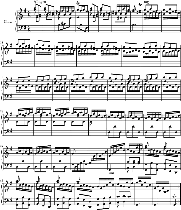 
\version "2.18.2"
\header {
  tagline = ##f
  % composer = "Domenico Scarlatti"
  % opus = "K. 15"
  % meter = "Allegro"
}
%% les petites notes
trillGisqUp     = { \tag #'print { g'8\trill } \tag #'midi { a32 g a g } }
trillFisAcc     = { \tag #'print { < dis fis >4\trill } \tag #'midi { << { g32 fis g fis~   \tempo 4. = 40 fis8 } \\ { dis4 } >>   \tempo 4. = 70 } }
trillGisp       = { \tag #'print { g4.\trill  } \tag #'midi { a32 g a g  a g~ \tempo 4. = 30 g8. \tempo 4. = 70 } }
upper = \relative c'' {
  \clef treble 
  \key e \minor
  \time 3/8
  \tempo 4. = 70
  \set Staff.midiInstrument = #"harpsichord"
  \override TupletBracket.bracket-visibility = ##f
  \repeat volta 2 {
      s8*0^\markup{Allegro}
      \stemUp b'8 g, a | b' b, cis | << { dis16 fis a, e' b fis' } \\ { b,8 } >> | \trillGisqUp fis16 g   \tempo 4. = 40 e8   \tempo 4. = 70 | b'8 g, a | b' b, cis |
      % ms. 7
      dis16 fis b, a' b, < e g > | < e g >8 \trillFisAcc | \repeat unfold 3 { \stemDown b16 e c e d c } | b16 c a b g a |
      % ms. 13
      \repeat unfold 3 { fis a g b a g } | \repeat unfold 2 { fis d e fis g fis | e c fis d g e } |
      % ms. 20
      \repeat unfold 2 { fis16 d g d a' d, | \repeat unfold 2 { b'16 d, a' d, } | \repeat unfold 2 { g16 d fis d } g d }% repet phrase  
      % ms. 28
      \stemUp  \repeat unfold 2 { d'16 fis e g fis a | g b fis a e g } | 
      % ms. 32
      d16 fis \repeat unfold 2 { c16 e b d } a c | b d \repeat unfold 2 { a c g b } fis a | \repeat unfold 2 { g b a c b d
      % ms. 37
      a16 c g b fis a } | g8 s4 | s4. | d16 g b d g d |
      % ms. 43
      e c b g' a,   \tempo 4. = 45 fis' |   \tempo 4. = 70 \repeat unfold 3 { << { b16 s16 s4 | a16 s16 s8 } \\ { g16 d e d c b | fis' c d c b a } >> }
      % ms. 50
      b16 g b d g d | e c b g' a, fis' | g b d, g b, d | g, b d, g b, d | s4. }%reprise
}
lower = \relative c' {
  \clef bass
  \key e \minor
  \time 3/8
  \set Staff.midiInstrument = #"harpsichord"
  \override TupletBracket.bracket-visibility = ##f
  \repeat volta 2 {
    % ************************************** \appoggiatura a8  \repeat unfold 2 {  } \times 2/3 { }   \omit TupletNumber 
      \stemDown \change Staff = "upper" g''8 e,[ fis] | g' g,[ a] | \change Staff = "lower" b,8 cis \stemDown \change Staff = "upper" d | e \change Staff = "lower" b e, | \stemDown \change Staff = "upper" g''8 e,[ fis] | g' g,[ a] |
      % ms. 7
      b8 dis, e \change Staff = "lower" b4. | s8*0^\markup{mg} \repeat unfold 3 { \stemUp \change Staff = "upper" g''8 a fis } | g8 fis e |
      % ms. 13
      \repeat unfold 3 { d8 e cis } | \repeat unfold 2 { d8 c b | c d e } | 
      % ms. 20
      d8 e fis | 
      << {  g8 fis g | fis g a | b a b | a g fis | g8 fis g | fis g a | b a b } 
      \\ { \stemUp \repeat unfold 7 { \shiftOn  d,4. } } >>
      % ms. 28
      \stemDown \repeat unfold 4 { d,8 d' d, } |
      % ms. 32
      d8 s4 | \change Staff = "lower"  \repeat unfold 7 { d,8 d' d, } | g16 d g b d g, | \stemUp b \stemDown \change Staff = "upper" d g d g b | \stemNeutral \change Staff = "lower" g,,4-\markup{mg} s8 |
      % ms. 43
      << { c'8 < b d > < a c > } \\ { c,8 d4 } >> | \repeat unfold 3 { < g, g' >8 < b b' > < g g' > | < a a' > < fis fis' > < d d' > } 
      % ms. 50 
      < g g' > < a a' > < b b' > |  << { c'8 d c } \\ { c,8 d4 } >> | g,4. g | \trillGisp  }%reprise
}
thePianoStaff = \new PianoStaff <<
    \set PianoStaff.instrumentName = #"Clav."
    \new Staff = "upper" \upper
    \new Staff = "lower" \lower
  >>
\score {
  \keepWithTag #'print \thePianoStaff
  \layout {
      #(layout-set-staff-size 17)
    \context {
      \Score
     \override SpacingSpanner.common-shortest-duration = #(ly:make-moment 1/2)
      \remove "Metronome_mark_engraver"
    }
  }
}
\score {
  \unfoldRepeats
  \keepWithTag #'midi \thePianoStaff
  \midi { }
}
