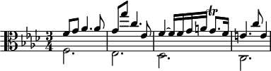 
\version "2.18.2"
\header {
  tagline = ##f
  % composer = "Johann Pachelbel"
  % opus = "Chaconne en fa mineur, P. 43"
  % meter = ""
}
\score {
<<
  \relative c' {
    \clef alto
    \key f \minor
    \time 3/4
    \override TupletBracket #'bracket-visibility = ##f 
     %s8*0^\markup{Aria}
     << { f8 g aes4. aes8 | g g' c,4. ees,8 | f4~ f16 f g a g8.\trill f16 | e4. c'8 e,4 } \\ { f,2.  ees des c } >>
  }
>>
  \layout {
     #(layout-set-staff-size 17)
     \context { \Score \remove "Metronome_mark_engraver" 
     \override SpacingSpanner.common-shortest-duration = #(ly:make-moment 1/2)
     }
  }
}
