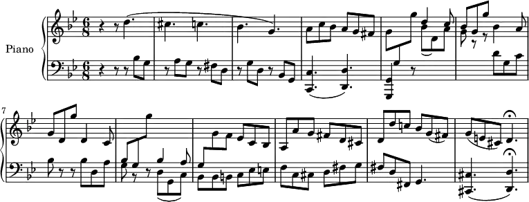 
\version "2.14.2"
\header {
  tagline = ##f
}
upper = \relative c'' {
  \clef treble 
  \key bes \major
  \time 6/8
  \tempo 4 = 172
  \tempo "Presto"
  %\autoBeamOff
  r4 r8 d4.( cis c! bes g) | 
 %%% mesure 4
  a8 c bes a g fis | g \change Staff = "lower" g, \change Staff = "upper" g'' 
 %%% fin de la mesure 5, début 6
  << { d4 c8 bes8 g g' } \\ { bes,(d,) a' g r8 r8 } >> 
  bes4 a8 | 
 %%% mesure 7
  g d g' d,4 c8 |
 %%% mesure 8
  \change Staff = "lower" bes g \change Staff = "upper" g'' s4.
  %%% \change Staff = "lower" bes,,4 a8 |
  %%% mesure 9
  \change Staff = "lower" g,,8 \change Staff = "upper" g' f ees c bes | a a' g fis d cis | d d' c! bes g( fis) |
  g( e! cis) d4.\fermata
}
lower = \relative c {
  \clef bass
  \key bes \major
  \time 6/8
   r4 r8 r8 bes' g r8 a g r8 fis d | r8 g d r8 bes g | < c c, >4.( < d d, >) | < g, g, >4 r8 
   %%%% \change Staff = "upper"  \change Staff = "lower" 
   s4. s4. d''8 g, c bes r8 r8 bes8 d, a' | 
   %%% mesure 8
   g r8 r8 << { bes4 a8 } \\ { d,( g, c) } >>
   %%% mesure 9 
   << { s4. } \\ { bes8-\! bes b! } >> c ees e! f c cis d fis g fis d fis, g4. | < cis cis, >4.( < d d, >)\fermata
}
\score {
  \new PianoStaff <<
    \set PianoStaff.instrumentName = #"Piano"
    \new Staff = "upper" \upper
    \new Staff = "lower" \lower
  >>
  \layout {
    \context {
      \Score
      \remove "Metronome_mark_engraver"
    }
  }
  \midi { }
}
