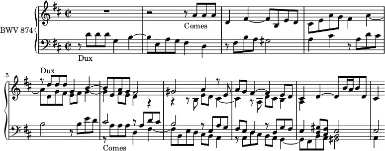 
\version "2.18.2"
\header {
  tagline = ##f
}
Dux           = { r8-\markup{Dux} d8 d d g,4 b~ b8 e, a g }
Comes         = { r8-\markup{Comes} a8 a a d,4 fis~ fis8 b, e d }
upper = \relative c'' {
  \clef treble 
  \key d \major
  \time 2/2
  \tempo 4 = 84
  \set Staff.midiInstrument = #"harpsichord" 
   %% FUGUE CBT II-5, BWV 874, ré majeur
   R1 r2 \Comes << { s1 \relative c'' { \Dux fis2 gis a4 r8 e8 a g fis4~ fis e8 d cis4 d~ d8 b'16 a b8 d, cis4 } } \\ { cis8 e a g fis4 a~ a8 d, g fis e fis g4~ g fis8 e d4 r4 | r4 r8 b8 e d cis4~ cis r8 a8 d cis b4 a } >>
}
lower = \relative c' {
  \clef bass 
  \key d \major
  \time 2/2
  \set Staff.midiInstrument = #"harpsichord" 
   \Dux fis4 d r8 fis8 b a gis2 a4 cis r8 a8 d cis b2 r8 b8 e d 
   << { cis2 r8 a8 d cis b2 r8 e,8 a g | fis e d4 r8 d8 g fis | e4 < gis d >8 < fis cis > < e b >2 | e2*1/2 } \\ { \relative c' { \Comes  cis8 b a4  | r8 a8 d cis b a g4~ g8 fis b a gis2 a4 } } >>
} 
\score {
  \new PianoStaff <<
    \set PianoStaff.instrumentName = #"BWV 874"
    \new Staff = "upper" \upper
    \new Staff = "lower" \lower
  >>
  \layout {
    \context {
      \Score
      \remove "Metronome_mark_engraver"
    }
  }
  \midi { }
}
