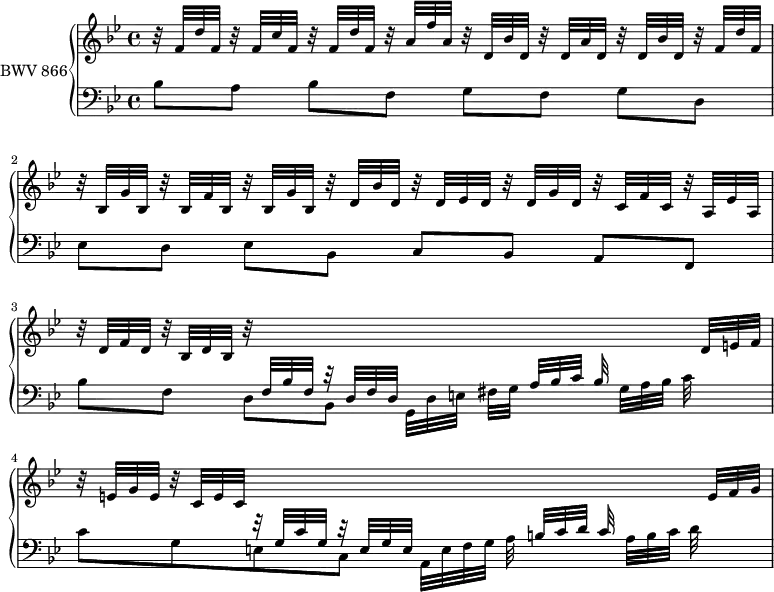 
\version "2.18.2"
\header {
  tagline = ##f
}
upper = \relative c' {
    \clef treble 
    \key bes \major
    \time 4/4
    \tempo 4 = 69
    \set Staff.midiInstrument = #"harpsichord" 
   %% PRÉLUDE CBT I-21, BWV 866, si-bémol majeur
   \stemUp r32 f d' f, r32 f c' f, r32 f d' f, r32 a f' a, r32 d, bes' d, r32 d a' d, r32 d bes' d, r32 f d' f, |
   r32 bes,32 g' bes, r32 bes f' bes, r32 bes g' bes, r32 d bes' d, r32 d ees d r32 d g d r32 c f c r32 a ees' a,
   r32 d f d r32 bes d bes r32 \stemUp \change Staff ="lower" f32 bes f r32 d f d \change Staff ="upper" s8*3 s32 d' e f
   r32 e g e r32 c e c \stemUp \change Staff ="lower" r32 g c g r32 e g e \change Staff ="upper"  s8*3 s32 e'32 f g
}
lower = \relative c' {
    \clef bass 
    \key bes \major
    \time 4/4
    \set Staff.midiInstrument = #"harpsichord" 
    \stemDown bes8 a bes[ f] g f g[ d] ees d ees[ bes] \stemUp c bes a[ f] \stemDown bes' f d[ bes] 
    \stemDown g32[ d' e] fis g \stemUp a[ bes c] bes \stemDown g[ a bes] c s32*3
    c8 g e c \stemDown a32[ e' f g] a \stemUp b[ c d] c \stemDown a[ b c] d
} 
\score {
  \new PianoStaff <<
    \set PianoStaff.instrumentName = #"BWV 866"
    \new Staff = "upper" \upper
    \new Staff = "lower" \lower
  >>
  \layout {
    \context {
      \Score
      \remove "Metronome_mark_engraver"
      \override SpacingSpanner.common-shortest-duration = #(ly:make-moment 1/2)
    }
  }
  \midi { }
}
