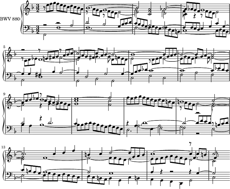 
\version "2.18.2"
\header {
  tagline = ##f
}
upper = \relative c'' {
  \clef treble 
  \key f \major
  \time 3/2
  \tempo 2 = 63
  \set Staff.midiInstrument = #"harpsichord" 
   %% PRÉLUDE CBT II-9, BWV 878, mi majeur
   r8 e8 f g f e d c d c bes a
   << { bes1.~ bes2 < a f c > aes~ aes8 aes g f g1 } \\ { s2 r8 f e d e2~ e s2 d2~ c4 r4 r8 f8 e d e2 } \\ { e8\rest \stemDown a g f g1~ g2 s2 f2~ f8 } >>
   << { s2 s2 r8 a8 bes c~ c2~ c8 a bes4~ bes2~ bes1~ bes8 g a bes~ bes2~ bes8 g a4~ a2~ a8 c d ees d1 e f2~ } \\ { r8 c,8 d ees d1~ d2 g4. g8 d f e d e2 r8 d8 e f e2~ e8 g f e f4. f8~ f2~ f2 r4 g4~ g8 a g f < c' g >1^~ < c f, >2~ f8 e f g } \\  { r2 r8 e, fis g \stemDown fis2_~ \stemUp fis8 a g fis   s1.*3   r8 c'8 bes a bes2 } >>
    f'8 e d c d c b a
   << { b1 c2~ c2. c4 d f b, c d2~ d8 g, a b c1~ c4 c8 b c2 } \\ { r8 a8 g f g2~ g~ | g  f1~ f2~ f8 f e d e2~ e8 e f g a g f e d2 c } \\ { s1.*3 s1  r8 f4._~ f8 } >>
}
lower = \relative c' {
  \clef bass 
  \key f \major
  \time 3/2
  \set Staff.midiInstrument = #"harpsichord" 
       << { r2 r2 a2 d bes g8 bes c d | c bes a g a2 f2~ f8 f e d e4 g c g~ g g fis bes a2~ | a4 d,2 g g4~ | g8 bes c des c1~ | c~ c8 ees d c d2 r4 d2. c4 } \\ { f,,2 f'1~ f1.~ f2~ f8 g f e f d c b c1~ c8 d c bes a2 d1 g,2 bes g c e c f a f bes4 a bes1~ bes8 bes c d c bes a g a g f e } >>
       << { r4 a4 d1~ d2~ d8 f e d \showStaffSwitch \stemDown \change Staff ="upper" e2~ e } \\ { d,2. e4 f2~ f r2 e2~ e~ e8 g f e f e d c d c b a b4 g c b! | a g f d g2 | c } \\ { s4 \stemDown a'2._~ a2 g r2 r8 \stemUp b c d c b a g a1~ a2 g1 a4 r4 r2 r4 g4~ g2 } >>
} 
\score { 
  \new PianoStaff <<
    \set PianoStaff.instrumentName = #"BWV 880"
    \new Staff = "upper" \upper
    \new Staff = "lower" \lower
  >>
  \layout {
    \context {
      \Score
      \remove "Metronome_mark_engraver"
      \override SpacingSpanner.common-shortest-duration = #(ly:make-moment 1/2)
    }
  }
  \midi { }
}
