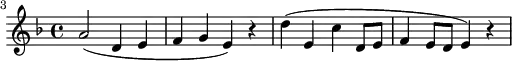 
\header {
  tagline = ##f
}
\score {
  \new Staff \with {
  }
<<
  \relative c'' {
    \key f \major
    \time 4/4
    \tempo 4 = 80
    \override TupletBracket #'bracket-visibility = ##f 
    %\autoBeamOff
    \set Staff.midiInstrument = #"string ensemble 1"
    \set Score.currentBarNumber = #3
    \bar ""
     %%% AB 5-2 th1
     a2( d,4 e f4 g e) r4 d'( e, c' d,8 e f4 e8 d e4) r4
  }
>>
  \layout {
    \context { \Score \remove "Metronome_mark_engraver"
    }
  }
  \midi {}
}
