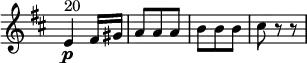 
\relative c'' {
   \version "2.18.2"
    \key d \major
    \time 3/8
    \omit Staff.TimeSignature
    e,4\p^ \markup{ 20} fis16 gis a8 a a b b b cis r8 r8
  }
