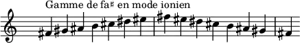 
\relative c' { 
  \clef treble \time 7/4 \hide Staff.TimeSignature fis4^\markup { Gamme de fa♯ en mode ionien } gis ais b cis dis eis fis eis dis cis b ais gis fis
}
