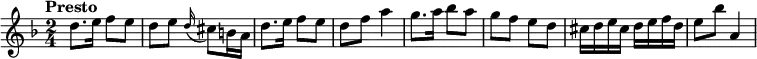 
\relative c' {
     \version "2.18.2"
     \key f \major
     \tempo "Presto"
     \time 2/4 
   d'8. e16 f8 e
   d e  \grace d16 (cis8) b16 a
   d8. e16 f8 e
   d f a4
   g8. a16 bes8 a
   g f e d
   cis16 d e cis d e f d
   e8 bes' a,4
  } 
