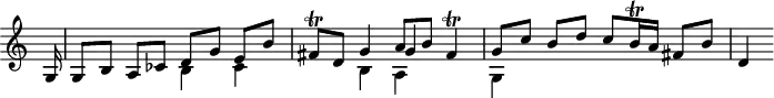 
\version "2.18.2"
\header {
  tagline = ##f
}
\score {
  \new Staff \with {
    \remove "Time_signature_engraver"
    instrumentName = #" "
  }
  \relative c'' {
    \time 2/2
    \tempo 2 = 82
    \clef treble
    \override Rest #'style = #'classical %% CODE CORRECT
    \set Staff.keySignature = #`(((0 . 10) . ,FLAT)
                                ((0 . 3) . ,SHARP)
                                ((0 . 7) . ,SHARP))
    \partial 16 g,16 | g8[ b] a[ ces] << { d[ g] e[ b'] } \\ { b,4 ces } >>
    fis8\trill d << { g4 a8 b fis4\trill } \\ { b,4 a } \\ { s4 g'4 } >>
    << { g8[ c] b[ d] c[ b16\trill a] fis8[ b] } \\ { g,4 } >>
    d'4
  }
  \layout {
    \context {
      \Score
      \remove "Metronome_mark_engraver"
    }
  }
  \midi {}
}
