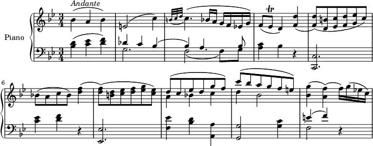 
\version "2.18.2"
\header {
  tagline = ##f
}
upper = \relative c' {
  \clef treble 
  \key bes \major
  \time 3/4
  \tempo "Andante"
  \tempo 4 = 60
  %\autoBeamOff
  bes'4 ^\markup{ \italic {Andante } } (a bes)
  e,2 (c'4) \grace {b32 (c d} c4.) (bes!16 a g f ees! g)
   f8 (ees \trill d4) <f d'>4 (<f d'>8) (<d b'> <ees c'> <f d'> <g ees'> c) 
   bes! (a c bes) <d f>4 (<d f>8) (<b d> <c ees> <d f> <ees g> <c ees>)
   << { \stemDown a4 bes! c d bes2} \\ {\stemUp  d8 ^ ( c ees d g f) c' ^(bes a g f e) } >>
  <bes g'>4 (<a f'>) (f'16) g (ees! c)
}
lower = \relative c {
  \clef bass
  \key bes \major
  \time 3/4
    <bes' d>4 (<c ees> <d f>)
    << { \stemDown g,2. f2 _(f8) g} \\ {\stemUp  des'4 c bes ^(bes) a4. bes8 } >>  <a c>4 bes r
    <c,, c'>2. <c'' ees>4 <d f> r
    <ees,, ees'>2. <f' ees'>4 <bes d> <a, a'>
    <g g'>2 <g' c>4  << { \stemDown  f2 } \\ {\stemUp  e'4 ^(f)  } >> r4
} 
\score {
  \new PianoStaff <<
    \set PianoStaff.instrumentName = #"Piano"
    \new Staff = "upper" \upper
    \new Staff = "lower" \lower
  >>
  \layout {
    \context {
      \Score
      \remove "Metronome_mark_engraver"
    }
  }
  \midi { }
}
