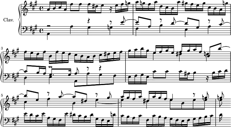 
\version "2.18.2"
\header {
  tagline = ##f
}
mordanG = { \tag #'print { gis8.\prall } \tag #'midi { \times 2/3 { a32 gis a } gis16 } }
upper = \relative c'' {
    \clef treble 
    \key a \major
    \time 4/4
    \tempo 4 = 66
    \set Staff.midiInstrument = #"harpsichord" 
   %% PRÉLUDE CBT I-19, BWV 865, la majeur
   a16 b cis a fis'8 fis fis16 dis e8 r16 e fis g a g fis a d, cis b a' gis fis e gis cis, b a g' fis e d fis b, fis' e d cis b a b cis dis e fis gis a b gis << { e16 fis gis e fis gis a fis b,8 b'~ | b e, r8 a~ a dis, r8 gis a16 gis fis a dis, a' gis fis e4 r8 g | g } \\ { e4 dis d cis fis b, e~ e dis e8 b e e e } >>
}
lower = \relative c {
    \clef bass 
    \key a \major
    \time 4/4
    \set Staff.midiInstrument = #"harpsichord" 
    << { r2 r4 r8 e'8~ e a, r8 d~ d gis, r8 cis~ cis b16 a \mordanG gis16 a8 r8 r4 } \\ { a,4 a' gis g fis b e, a d, e a,8 a' gis fis } >>
    e16 fis gis e cis'8 cis cis16 ais b8 r16 b cis d e d cis e a, gis fis e' dis cis b dis gis, fis e d' cis b a cis fis, cis' b a gis fis e fis gis a b cis d
} 
thePianoStaff = \new PianoStaff <<
    \set PianoStaff.instrumentName = #"Clav."
    \new Staff = "upper" \upper
    \new Staff = "lower" \lower
  >>
\score {
  \keepWithTag #'print \thePianoStaff
  \layout {
    \context {
      \Score
      \remove "Metronome_mark_engraver"
    }
  }
}
\score {
  \keepWithTag #'midi \thePianoStaff
  \midi { }
}
