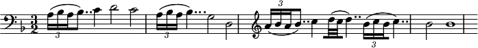 
\header {
  tagline = ##f
}
\score {
  \new Staff \with {
  }
<<
  \relative c' {
  \clef bass
  \key d \minor
  \time 3/2
  \tempo 2 = 72
  \set Staff.midiInstrument = #"harpsichord" 
    \override TupletBracket #'bracket-visibility = ##f 
    %\autoBeamOff
     %%%%%%% effet
    { \times 2/3 { a16( bes a } bes8..) } c4 d2 c | { \times 2/3 { a16( bes a } bes4...) } g2 d |
    \clef treble 
    { \times 2/3 { a''16[( bes a } bes8..]) } c4 [d32( c d4..)] { \times 2/3 { bes16[( c bes } c4..)] }
    bes2 bes1 
  }
>>
  \layout {
     \context { \Score \remove "Metronome_mark_engraver" }
  }
  \midi {}
}
