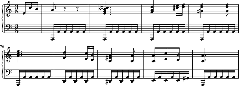 
\version "2.14.2"
\header {
  tagline = ##f
}
upper = \relative c'' {
  \clef treble 
  \key a \minor
  \time 3/8
  \tempo 4 = 68
  %\autoBeamOff
  \set Staff.midiInstrument = #"piano"
   \partial 8. e,16 c' b a8 r8 r8
   < cis bes g e >4. < d a f >4 < e cis >16 < f d >
   < f d gis, >4 < f d gis, >8 < e c a >4. < d f, >4
   < c e, >16 < b d, > < a fis c >4 < a c, >8 < a c, > < c e, > < b d, > < a c, >4.
}
lower = \relative c' {
  \clef bass
  \key a \minor
  \time 3/8
  \set Staff.midiInstrument = #"piano"
  \set Score.currentBarNumber = #72
   s8. \repeat unfold 5 { a,,16 \repeat unfold 5 { a' } }
   \repeat unfold 3 { d,16 a' }
   \repeat unfold 3 { dis,16 a' }
   \repeat unfold 2 { e16 a } e gis
    a,16 \repeat unfold 5 { a' }
}
\score {
  \new PianoStaff <<
    \set PianoStaff.instrumentName = #""
    \new Staff = "upper" \upper
    \new Staff = "lower" \lower
  >>
  \layout {
    indent = #0
    \context {
      \Score
      \remove "Metronome_mark_engraver"
      \override SpacingSpanner.common-shortest-duration = #(ly:make-moment 1/2)
    }
  }
  \midi { }
}
