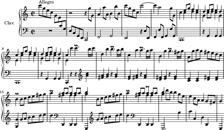 
\version "2.18.2"
\header {
  tagline = ##f
  % composer = "Domenico Scarlatti"
  % opus = "K. 406"
  % meter = "Allegro"
}
%% les petites notes
trillCp     = { \tag #'print { c4.\prall } \tag #'midi { d32 c d c~ c4 } }
trillBp     = { \tag #'print { b4.\prall } \tag #'midi { c32 b c b~ b4 } }
trillAp     = { \tag #'print { a4.\prall } \tag #'midi { b32 a b a~ a4 } }
trillGp     = { \tag #'print { g4.\prall } \tag #'midi { a32 g a g~ g4 } }
trillB      = { \tag #'print { b4\prall } \tag #'midi { c32 b c b~ b8 } }
trillA      = { \tag #'print { a4\prall } \tag #'midi { b32 a b a~ a8 } }
upper = \relative c'' {
  \clef treble 
  \key c \major
  \time 2/2
  \tempo 2 = 82
      s8*0^\markup{Allegro}
      c'8 g e c  \stemDown g e \stemUp  \change Staff = "lower" c g \stemNeutral   \change Staff = "upper" | r2 r4 g''8 g, |
      a4 a'8 a, b4 b'8 b, | c'g e c c'2~ |
      % ms. 5
      c4 a2 g8 g, | c4 \repeat unfold 2 { 
      << { e8 g f4 e | d e8 f e4 d | c } 
       \\ { c4 d c | g c8 d c4 g | e } >> }
      % ms. 10 suite
      c''4 \trillCp b16 c | d,4 b'4 \trillBp a16 b | c,4 a' \trillAp g16 a |
      % ms. 13
      b,4 g' \trillGp fis16 g | a,8 g' a g fis e d c | \trillB \repeat unfold 2 { b8 c d e fis g |
      % ms. 18
      \trillA << { a8 a \trillA a8 a | b4 } \\ { fis4 fis fis | g4 } >> } | d'8 b b4 g8 e | e4 c8 a a4 g8 fis |
      % ms. 21
      g4 
      % ms. 25
}
lower = \relative c' {
  \clef bass
  \key c \major
  \time 2/2
    % ************************************** \appoggiatura a16  \repeat unfold 2 {  } \times 2/3 { }   \omit TupletNumber 
      R1 | e,8 c g e c2 | f g | e r4 e'8 e, |
      % ms. 5
      f4 f'8 f, g4 g'8 g, | c,1 | r4 g'4 g g | c,1 |
      % ms. 9
      r4 g'4 g g | c, r4 r4   \clef treble  < a''' c >4 | < fis a > < g b > r4 q | < e g > < fis a > r4 q |
      % ms. 13
      < d fis >4 < e g > r4 q | < c e > q < d fis > q | < g, g' > g'8 a b c d e | d4   \clef bass d,,, d d |
      % ms. 17
      g,4 \clef treble  g'''8 a b c d e | d4  \clef bass d,,, d d | g,2. b''4 | c c, d d, |
      % ms. 21
      g,4
      % ms. 25
}
thePianoStaff = \new PianoStaff <<
    \set PianoStaff.instrumentName = #"Clav."
    \new Staff = "upper" \upper
    \new Staff = "lower" \lower
  >>
\score {
  \keepWithTag #'print \thePianoStaff
  \layout {
      #(layout-set-staff-size 17)
    \context {
      \Score
     \override TupletBracket.bracket-visibility = ##f
     \override SpacingSpanner.common-shortest-duration = #(ly:make-moment 1/2)
      \remove "Metronome_mark_engraver"
    }
  }
}
\score {
  \keepWithTag #'midi \thePianoStaff
  \midi { \set Staff.midiInstrument = #"harpsichord" }
}
