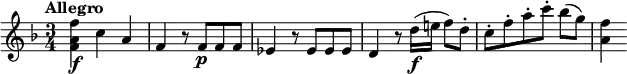 
\relative c'' {
  \version "2.18.2"
  \tempo "Allegro"
  \key f \major
  \time 3/4
  \tempo 4 = 140
  <f a, f>4\f c a |
  f4 r8 f\p f f |
  es4 r8 es es es |
  d4 r8 d'16\f( e! f8) d-. |
  c8-. f-. a-. c-. bes([ g)] |
  <f a,>4
}
