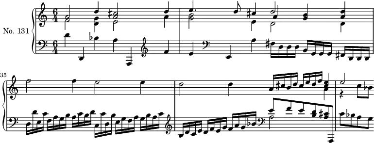 
\version "2.14.2"
\header {
  tagline = ##f
}
upper = \relative c'' {
  \clef treble 
  \key a \minor
  \time 6/4
  \tempo 4 = 85
  \set Staff.midiInstrument = #"harpsichord"
  \autoBeamOff
  \set Score.currentBarNumber = #33
    << { a2 d4 << cis2 a2 >> d4 } \\ { f,2 << g4 d4 >> e2 a4 } >> 
    << { e'4. d8 cis4 d2 << a4 d4 >> } \\ { << b2 g2 >> e4 d2 d4 } \\ { s2 s4 a'4 << b4 g >> } >> 
    f'2 f4 e2 e4 | d2 d4 
    << { a16 cis b d cis e d f << e4 cis4 >> } \\ { s4 s4 a4 } >>
    << { e'2 } \\ { r4 c8[ bes] } >>
}
lower = \relative c {
  \clef bass
  \key a \minor
  \time 6/4
  \set Staff.midiInstrument = #"harpsichord"
    d'4 d,, bes'' a a,,
  \clef treble 
    f''' | e 
  \clef bass 
    e,, a' fis16 d d d b g g g fis d d d |
    d'16 d' e, c' f, a g b a c b d c, c' d, b' e, g f a g b a c |
  \clef treble 
    b16 d c e d f e g f a g bes 
  \clef bass 
    << { e,8 f e << d b >> } \\ { a2 } >>
    << { << cis8 a >> a,,8 } \\ { s4 } >>
    c''8[ bes a g]
}
\score {
  \new PianoStaff <<
    \set PianoStaff.instrumentName = #"No. 131"
    \new Staff = "upper" \upper
    \new Staff = "lower" \lower
  >>
  \layout {
      #(layout-set-staff-size 17)
    \context {
      \Score
     \override SpacingSpanner.common-shortest-duration = #(ly:make-moment 1/2)
      \remove "Metronome_mark_engraver"
    }
  }
  \midi { }
}
