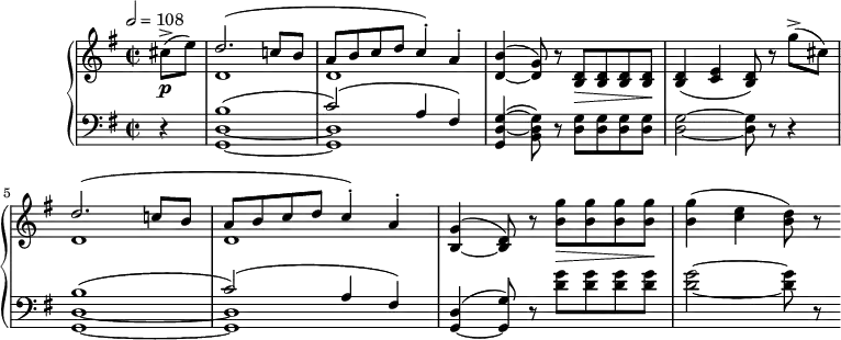 
\version "2.18.2"
\header {
  tagline = ##f
}
upper = \relative c'' {
  \clef treble 
  \key g \major
  \time 2/2
  \tempo 2 = 108
   %%Schubert — Allegretto D.894
   \partial 4 cis8->\p( e)
   << { d2.( c!8 b a b c d c4-.) a-. } \\ { d,1 d } >>
   < b' d, >4~^( < g d >8) r8 < d b >8\> q q q\! q4( < e c > < d b >8) r8
   g'8->( cis,) 
   << { d2.( c!8 b a b c d c4-.) a-. } \\ { d,1 d } >>
   < g b, >4^(~ < d b >8) r8
   < g' b, >8\> q q q\! < g b, >4( < e c >4 < d b >8) r8
}
lower = \relative c {
  \clef bass
  \key g \major
  \time 2/2
   r4 << { b'1~( c2)( a4 fis) } \\ { < d g, >1~ q } >>
   < g d g, >4(~ < g d b >8) r8 < g d >8 q q q q2~ q8 r8 r4
   << { b1~( c2)( a4 fis) } \\ { < d g, >1~ q } >>
   < d g, >4^(~ < g g, >8) r8
   < g' d >8 q q q q2~ q8 r8
}
  \header {
    piece = ""
  }
\score {
  \new PianoStaff <<
    \new Staff = "upper" \upper
    \new Staff = "lower" \lower
  >>
  \layout {
    \context {
      \Score
    }
  }
  \midi { }
}
