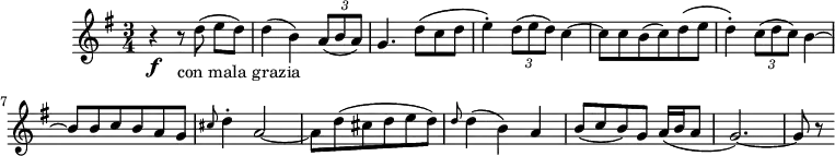 
\header {
  tagline = ##f
}
\score {
  \new Staff \with {
  }
<<
  \relative c'' {
    \key g \major
    \time 3/4
    \tempo 4 = 170
    \override TupletBracket #'bracket-visibility = ##f 
    \set Staff.midiInstrument = #"cello"
    %\autoBeamOff
     %%%%%%%%%%%%%%%%%%%%%%%%%% La Musica Notturna delle strade di Madrid
     r4\f r8_"con mala grazia" d8( e[ d]) d4( b) \times 2/3 { a8( b a) }
     g4. d'8( c d e4-.) \times 2/3 { d8( e d) } c4~ c8 c b( c) d( e d4-.) \times 2/3 { c8( d c) } b4~ b8 b c b a g \grace cis8 d4-. a2~ a8 d( cis d e d ) \grace d8 d4( b) a b8( c b) g a16( b a8 g2.~) g8 r8
  }
>>
  \layout {
     \context { \Score \remove "Metronome_mark_engraver" }
  }
  \midi {}
}
