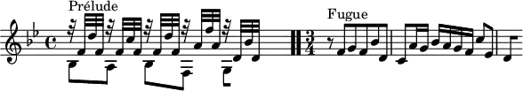 
\version "2.18.2"
\header {
  tagline = ##f
}
\score {
  \new Staff \with {
  }
<<
  \relative c' {
    \key bes \major
    \time 4/4
     %% INCIPIT CBT I-21, BWV 866, si-bémol majeur
     << { r32^\markup{Prélude} f d' f, r32 f c' f, r32 f d' f, r32 a f' a, r32 d,[ bes' d,] } \\ { bes8 a bes[ f] \once \override Staff.TimeSignature #'stencil = ##f \time 2/8
{ 
 % suppression des warnings :
 #(ly:set-option 'warning-as-error #f)
 #(ly:expect-warning (_ "stem does not fit in beam")) %% <= à traduire éventuellement
 #(ly:expect-warning (_ "beam was started here")) %% <= à traduire éventuellement
  \set stemRightBeamCount = #1
  g4*1/2[ s]
}
 } >> \bar ".."
     \time 3/4 \partial 2.
     r8^\markup{Fugue} f'8 g f bes d, c a'16 g bes a g f c'8 ees, 
{ 
 % suppression des warnings :
 #(ly:set-option 'warning-as-error #f)
 #(ly:expect-warning (_ "stem does not fit in beam")) %% <= à traduire éventuellement
 #(ly:expect-warning (_ "beam was started here")) %% <= à traduire éventuellement
  \set stemRightBeamCount = #1
  d4*1/2[ s]
} 
  }
>>
  \layout {
     \context { \Score \remove "Metronome_mark_engraver" 
     \override SpacingSpanner.common-shortest-duration = #(ly:make-moment 1/2) 
}
  }
  \midi {}
}
