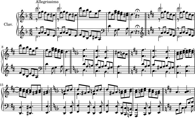 
\version "2.18.2"
\header {
  tagline = ##f
  % composer = "Domenico Scarlatti"
  % opus = "K. 444"
  % meter = "Allegrissimo"
}
%% les petites notes
trillBesp     = { \tag #'print { bes4.\prall } \tag #'midi { c32 bes c bes~ bes4 } }
upper = \relative c'' {
  \clef treble 
  \key d \minor
  \time 6/8
  \tempo 4. = 102
  \set Staff.midiInstrument = #"harpsichord"
  \override TupletBracket.bracket-visibility = ##f
      s8*0^\markup{Allegrissimo}
      \repeat unfold 2 { << { d'2. } \\ { r8 f,8 g f d cis } >> } | d'8 a bes g e a | f d < f a >8 < e g > < d f  > < cis e > | d4.r4^\markup { \translate #'(1.1 . 0.1)
\musicglyph #"scripts.ufermata" } r8  \key d \major 
      % ms. 6 majeur
       \repeat unfold 2 { << { d'2. } \\ { r8 fis,8 g fis d cis } >> } | d'8 a b g e a | fis d < fis a >8 < e g > < d fis  > < cis e > | d4.  \bar "||" \key d \minor
      % ms. 10 suite mineur
      < f, f' >4. < e e' > < d d' > cis'8 b a | \bar "||"  \key d \major < fis fis' >4.
      % ms. 13 majeur
      < e e' >4. < d d' > | < a' cis >8 < b d > < cis e >~ q < d fis > < cis e >~ | q < b d > < a cis >~ q < gis b > < a cis > | <gis b >4. \key d \minor
      % ms. 16 fin mineur
      << { b8 c d | d gis, a b c d } \\ { f,4. f f } >> | d'8 gis, a < gis b >8 < a c > < b d > | < a c > < b d > < c e > < b d > < a c > < gis b > | \key d \major
      % ms. 20 majeur
      a4. < a b >4. |
      % ms. 21
}
lower = \relative c' {
  \clef bass
  \key d \minor
  \time 6/8
  \set Staff.midiInstrument = #"harpsichord"
  \override TupletBracket.bracket-visibility = ##f
     % ************************************** \appoggiatura \repeat unfold 2 {  } \times 2/3 { }
      \clef treble  \repeat unfold 2 { << { r8 a' bes a f e } \\ { d2. } >> } | f8 d bes e cis a \clef bass | d4 f,8 g4 a8 | d,4. r4^\markup { \translate #'(1.1 . 0.1)
\musicglyph #"scripts.ufermata" } r8 \bar "||"   \key d \major \clef treble 
      % ms. 6 majeur
      \repeat unfold 2 { << { r8 a'' b a fis e } \\ { d2. } >> } | fis8 d b e cis a \clef bass | d4 fis,8 g4 a8 | d,4.    \bar "||" \key d \minor
      % ms. 10 mineur
      << { d'8 a b | c g a bes f g } \\ { d4. | c bes } >> < a a' >4. \key d \major
      % ms. 12 fin majeur
      << { d'8 a b | cis gis a b fis gis } \\ { d4. | cis b } >> < a a' >4. < cis a' > < d, d' > < dis dis' > < e e' > \bar "||" \key d \minor
      % ms. 16 fin
      \repeat unfold 2 { < d d' >4 < e e' >8 | < f f' >4 < e e' >8 } < d d' >8 < c c' > < b b' > | < a a' >4 < c c' >8 < d d' >4 < e e' >8 |  \bar "||" \key d \major
      % ms. 20 majeur
      a8 a' cis, << { d8 b' cis } \\ { d,4 e8 } >>
      % ms. 21
}
thePianoStaff = \new PianoStaff <<
    \set PianoStaff.instrumentName = #"Clav."
    \new Staff = "upper" \upper
    \new Staff = "lower" \lower
  >>
\score {
  \keepWithTag #'print \thePianoStaff
  \layout {
      #(layout-set-staff-size 17)
    \context {
      \Score
     \override SpacingSpanner.common-shortest-duration = #(ly:make-moment 1/2)
      \remove "Metronome_mark_engraver"
    }
  }
}
\score {
  \keepWithTag #'midi \thePianoStaff
  \midi { }
}
