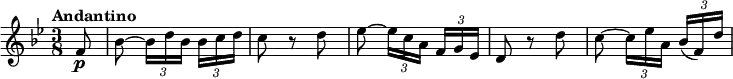 
 \relative c' {
     \version "2.18.2"
     \key bes \major
     \tempo "Andantino"
     \time 3/8
   \partial 8 f8\p 
   bes ~ \tuplet 3/2 {bes16 [d bes] } \tuplet 3/2 {bes16 [c d]}
   c8 r8 d
   ees8 ~ \tuplet 3/2 {ees16 [c a] } \tuplet 3/2 {f16 [g ees]}
   d8 r8 d'8
   c8 ~ \tuplet 3/2 {c16 [ees a,] } \tuplet 3/2 {bes16 [(f) d']}
  } 
