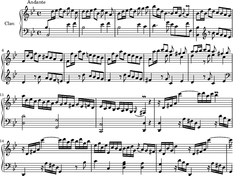 
\version "2.18.2"
\header {
  tagline = ##f
  % composer = "Domenico Scarlatti"
  % opus = "K. 266"
  % meter = "Andante"
}
  \header {
    piece = "                  Andante"
  }
%% les petites notes
trillA        = { \tag #'print { a4\prall } \tag #'midi { bes32 a bes a~ a8} }
trillFis      = { \tag #'print { \appoggiatura g8 fis4\prall } \tag #'midi { g32 fis g fis~ fis8 } }
trillBes      = { \tag #'print { bes4\prall } \tag #'midi { c32 bes c bes~ bes8} }
upper = \relative c'' {
  \clef treble 
  \key bes \major
  \time 4/4
  \tempo 4 = 82
  \set Staff.midiInstrument = #"harpsichord"
  \override TupletBracket.bracket-visibility = ##f
      %s8*0^\markup{Andante}
      \stemUp  \change Staff = "lower" bes,8  \stemNeutral  \change Staff = "upper" d'16 ees f8 d g ees4 c8 | d8 d16 ees f8 bes, ees c4 a8 | bes8 d16 ees f8 d g8 g4 a8 |
      % ms. 4
      bes8 f16 d bes4~ bes8 c16 g \appoggiatura bes8 \trillA | bes8 d16 bes f'8 d c bes a g | f d'16 bes f'8 d cis bes a g |
      % ms. 7
      f8 f'16 d a'8 f e d c bes | a8 f'16 d a'8 f ees d c bes | a8 a'16 bes << { c8 bes a fis4 g8 | a8 a16 bes c8 bes a fis4 g8 } \\ { s8 d8 ees4 c | d r8 d8 ees4 c } >>
      % ms. 11
      a'16 d, ees c d bes c a bes g a fis g ees f d | ees c d bes c a bes g \trillFis r4 |
      % ms. 13
      r16 d'16 fis a c'4~ c16 d a c \trillBes | r16 d,,16 fis a c'4~ c16 d a c bes d g, bes |
      % ms. 15
      ees,16 g c, ees ees, c' bes a bes c d g, \acciaccatura bes8 a8 g16 fis | g d bes' g d'4 r16 d,16 fis a c'4~ |
      % ms. 17
      c16
      % ms. 19
      % ms. 21
}
lower = \relative c' {
  \clef bass
  \key bes \major
  \time 4/4
  \set Staff.midiInstrument = #"harpsichord"
  \override TupletBracket.bracket-visibility = ##f
    % ************************************** \appoggiatura a16  \repeat unfold 2 {  } \times 2/3 { }   \omit TupletNumber 
      \shiftOn bes,2 ees'4 f | bes,2 ees4 f | bes,2 ees4 c |
      % ms. 4
      d4. g8 ees c f f, | < bes, bes' >4   \clef treble  r8 bes''8 a g f ees | d4 r8 bes'8 a g f e |
      % ms. 7
      d4 r8 d'8 c bes a g | f4 r8 d'8 c bes a g | fis4 r8 g8 c,4 ees |
      % ms. 10
      d4 r8 g8 c,4 ees | \clef bass  < d, d' >2 < g, g' > < c, c' > < d d' >4 r4 |
      % ms. 13
      < d d' >4 r16 a''16 fis d g,4 r16 d''16 bes g  | d,4 r16 a''16 fis d g,4 r8 bes'8 |
      % ms. 15
      c4 c, < d g bes >4 < d a' > | < g, g' > r16 d''16 bes g d,4 r16 a''16 fis d |
      % ms. 17
      g,4*1/4
      % ms. 19
      % ms. 21
}
thePianoStaff = \new PianoStaff <<
    \set PianoStaff.instrumentName = #"Clav."
    \new Staff = "upper" \upper
    \new Staff = "lower" \lower
  >>
\score {
  \keepWithTag #'print \thePianoStaff
  \layout {
      #(layout-set-staff-size 17)
    \context {
      \Score
     \override SpacingSpanner.common-shortest-duration = #(ly:make-moment 1/2)
      \remove "Metronome_mark_engraver"
    }
  }
}
\score {
  \keepWithTag #'midi \thePianoStaff
  \midi { }
}
