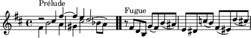 
\version "2.18.2"
\header {
  tagline = ##f
}
\score {
  \new Staff \with {
%fontSize = #-2
  }
<<
  \relative c'' {
    \key b \minor
    \time 4/4
	\set Staff.midiInstrument = #"harpsichord" 
     %% INCIPIT CBT I-24, BWV 869, si mineur 
     << { d2\rest^\markup{Prélude} cis4 fis~ \once \override Staff.TimeSignature #'stencil = ##f \time 9/8 fis e d2~ \hideNotes d8 } \\ { fis,4 b2 a4 gis cis2 bes8[ a] } >> \bar ".."
      \once \override Staff.TimeSignature #'stencil = ##f \time 4/4
      r8^\markup{Fugue} fis8 d b g'( fis) b( ais) | e dis c'( b) fis( eis) d'( cis)
  }
>>
  \layout {
     #(layout-set-staff-size 17)
     \context { \Score \remove "Metronome_mark_engraver" 
     \override SpacingSpanner.common-shortest-duration = #(ly:make-moment 1/2)
}
  }
  \midi {}
}
