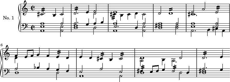 
\version "2.18.2"
\header {
  tagline = ##f
}
Mordcblanche = { \tag #'print { cis2:16 } \tag #'midi { cis16 b cis4. } }
Mordeblanche = { \tag #'print { e2:16 } \tag #'midi { e16 d e4. } }
Mordfblanche = { \tag #'print { fis2:16 } \tag #'midi { fis16 e fis4. } }
Mordbblanche = { \tag #'print { cis,2.:16 } \tag #'midi { cis16 b cis4.~ cis4 } }
Morddblanche = { \tag #'print { d2.:16 } \tag #'midi { d16 cis d4.~ d4 } } 
Morddronde = { \tag #'print { d1:16 } \tag #'midi { d16 cis d4.~ d2 } } 
Mordbnoire = { \tag #'print { cis4:16 } \tag #'midi { cis32 b cis8. } }
Mordenoire = { \tag #'print { e4:16 } \tag #'midi { e32 d e8. } }
Mordfnoire = { \tag #'print { fis'4:16 } \tag #'midi { fis32 e fis8. } }
upper = \relative c'' {
  \clef treble 
  \key a \minor
  \time 3/2
  \set Staff.timeSignatureFraction = 2/2
  \autoBeamOff
  \tempo 2 = 110
  \set Staff.midiInstrument = #"harpsichord"
    \Mordbblanche b4 cis2 \Morddblanche e4
    << { f2 e1 } \\ { d2 \Mordbnoire b4 cis d cis2 } >>
    d2 \Morddronde
    << { e2 a \Mordeblanche } \\ { cis1. } >>
    << { f4 e8 f g4 f \Mordenoire d4 } \\ { d4 } >>
    e d \Mordbnoire b4 \Mordcblanche
    << { d1 d2 } \\ { a2 b4 a2. } >>
    \Morddblanche e4
}
lower = \relative c {
  \clef bass
  \key a \minor
  \time 3/2
  \set Staff.timeSignatureFraction = 2/2
  \set Staff.midiInstrument = #"harpsichord"
    << { a'1 a2 a2. g4 a b } \\ { << e,1 a, >> << e'2 a, >> << d1 f >> d2 } >>
    << { e2. d4 a'2 } \\ { << a1 a, >> << e'2 a, >> } >>
    << { a'1 a2 } \\ { << fis1 d >> << fis2 d >> } >>
    << { << a'1 e >>  << a2 e >> } \\ { a,2. b4 cis a } >>
    << { a'2 bes4 a g f } \\ { d1 d2 } >>
    << { e2 a e } \\ { a,1 a2 } >>
    << { \Mordfnoire e8 fis g4 \Mordfblanche d4 } \\ { d1 d2 } >>
    << { a'2. g4 } \\ { << fis1 d >> } >>    
}
thePianoStaff = \new PianoStaff <<
    \set PianoStaff.instrumentName = #"No. 1"
    \new Staff = "upper" \upper
    \new Staff = "lower" \lower
  >>
\score {
  \keepWithTag #'print \thePianoStaff
  \layout {
    \context {
      \Score
      \remove "Metronome_mark_engraver"
    }
  }
}
\score {
  \keepWithTag #'midi \thePianoStaff
  \midi { }
}
