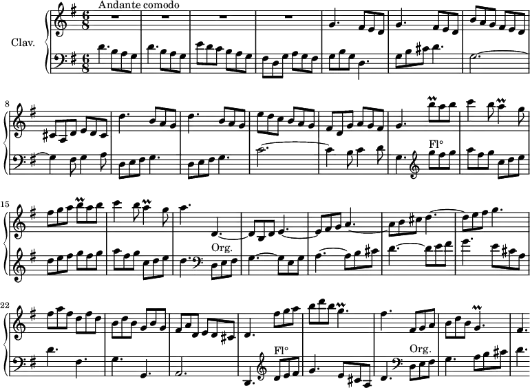 
\version "2.18.2"
\header {
  tagline = ##f
  % composer = "Domenico Scarlatti"
  % opus = "K. 328"
  % meter = "Andante comodo"
}
%% les petites notes
trillBqUp       = { \tag #'print { b'8\prall } \tag #'midi { c32 b c b } }
trillA          = { \tag #'print { a4\prall } \tag #'midi { b32 a b a~ a8 } }
trillBq         = { \tag #'print { b8\prall } \tag #'midi { c32 b c b } }
trillGp         = { \tag #'print { g4.\prall } \tag #'midi { a32 g a g~ g4 } }
upper = \relative c'' {
  \clef treble 
  \key g \major
  \time 6/8
  \tempo 4. = 92
  \set Staff.midiInstrument = #"harpsichord"
  \override TupletBracket.bracket-visibility = ##f
      s8*0^\markup{Andante comodo}
      R2.*4 | \repeat unfold 2 { g4. fis8 e d } |  
      % ms. 7
      b'8 a g fis e d | cis a d e d cis | \repeat unfold 2 { d'4. b8 a g } |
      % ms. 11
      e'8 d c b a g | fis d g a g fis | g4. \trillBqUp a8 b | c4 b8 \trillA g8 | fis g a \trillBq a8 b |
      % ms. 16
      c4 b8 \trillA g8 | a4. d,,4.~ | d8 b d e4.~ | e8 fis g a4.~ | a8 b cis d4.~ |
      % ms. 21
      d8 e fis g4. | fis8 a fis d fis d | b d b g b g | fis a d, e d cis | d4. fis'8 g a |
      % ms. 26
      b8 d b \trillGp | fis4. fis,8 g a | b d b \trillGp | fis4. 
      % ms. 31
}
lower = \relative c' {
  \clef bass
  \key g \major
  \time 6/8
  \set Staff.midiInstrument = #"harpsichord"
  \override TupletBracket.bracket-visibility = ##f
    % ************************************** \appoggiatura a16  \repeat unfold 2 {  } \times 2/3 { }   \omit TupletNumber 
      \repeat unfold 2 { d4. b8 a g } | e'8 d c b a g | fis d g a g fis | g b g | d4. |
      % ms. 6
      g8 b cis d4. | g,2.~ | g4 fis8 g4 a8 | \repeat unfold 2 { d,8 e fis g4. } |
      % ms. 11
      c2.~ | c4 b8 c4 d8 | g,4.   \clef treble  g''8^\markup{Fl°} fis g | a fis g c, d e | d e fis g fis g |
      % ms. 16
      a8 fis g c, d e | d4.   \clef bass  d,,8^\markup{Org.} e fis | g4.~ g8 e g | a4.~ a8 b cis | d4.~ d8 e fis |
      % ms. 21
      g4. e8 cis a | d4. fis, | g g, | a2. | d,4.  \clef treble   d''8^\markup{Fl°} e fis |
      % ms. 26
      g4. e8 cis a | d4.  \clef bass  d,8^\markup{Org.} e fis | g4. a8 b cis | d4. 
      % ms. 31
}
thePianoStaff = \new PianoStaff <<
    \set PianoStaff.instrumentName = #"Clav."
    \new Staff = "upper" \upper
    \new Staff = "lower" \lower
  >>
\score {
  \keepWithTag #'print \thePianoStaff
  \layout {
      #(layout-set-staff-size 17)
    \context {
      \Score
     \override SpacingSpanner.common-shortest-duration = #(ly:make-moment 1/2)
      \remove "Metronome_mark_engraver"
    }
  }
}
\score {
  \keepWithTag #'midi \thePianoStaff
  \midi { }
}
