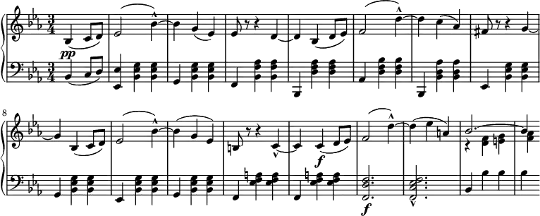 
 \relative b' {
 \new PianoStaff <<
  \new Staff { \key c \minor \time 3/4 \partial 2 \set Score.tempoHideNote = ##t \tempo "" 2. = 52
  {
  bes,( c8 d) ees2( bes'4-^~) bes g( ees) ees8 r r4 d4 ~ d bes( d8 ees) f2( d'4-^~) d c( aes) fis8 r r4 g4~ g bes,( c8 d) ees2( bes'4-^~) bes( g ees) b8 r r4 c4-^~ c c\f( d8 ees) f2( d'4-^~) d4( ees a,)
<< {bes2.~ bes4}
\\
{r4 <f d>4 <g e> <aes f>}
>>
  }
  }
  \new Dynamics {
  s\pp
  }
  \new Staff { \key c \minor \time 3/4 \clef bass \partial 2
  bes,,4( c8 d) <ees ees,>4 <bes ees g> <bes ees g> g <bes ees g> <bes ees g> f <bes f' aes> <bes f' aes> bes, <d' f aes> <d f aes> aes <d f bes> <d f bes> bes, <bes' d aes'> <bes d aes'> ees, <bes' ees g> <bes ees g> g <bes ees g> <bes ees g> ees, <bes' ees g> <bes ees g> g <bes ees g> <bes ees g> f <es' f a> <es f a> f, <es' f a> <es f a> <f, d' f>2.\f <f c' ees f>2.-^ bes4 bes' bes bes
  }
 >>
 }
