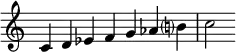  {
\override Score.TimeSignature #'stencil = ##f
\relative c' { 
  \clef treble \time 7/4
  c4^\markup {} d es f g aes b!? c2
  }
}