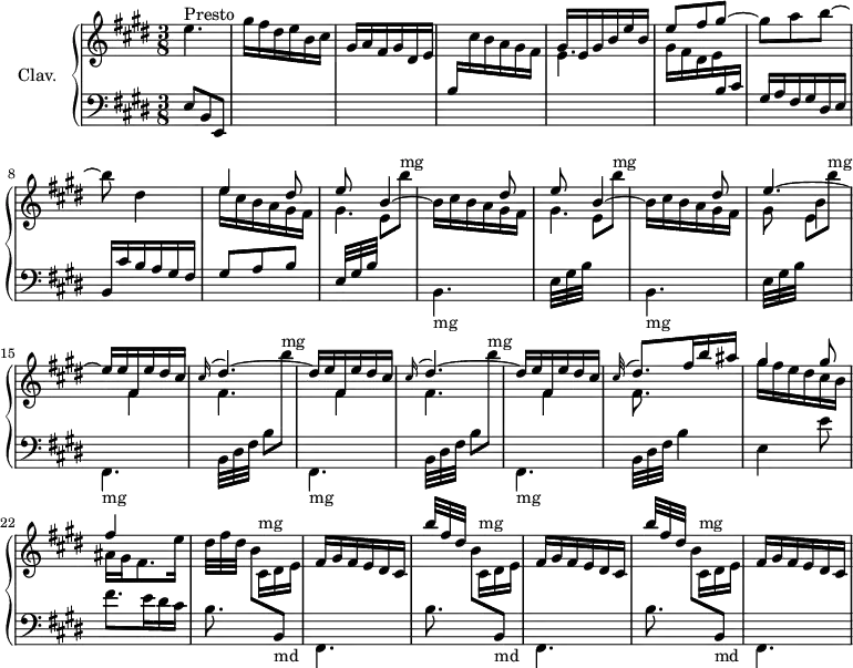 
\version "2.18.2"
\header { 
  tagline = ##f
  % composer = "Domenico Scarlatti"
  % opus = "K. 28"
  % meter = "Allegro"
}
%% les petites notes
trillBesp     = { \tag #'print { bes4.\prall } \tag #'midi { c32 bes c bes~ bes4 } }
upper = \relative c'' {
  \clef treble 
  \key e \major
  \time 3/8
  \tempo 2 = 52
  \set Staff.midiInstrument = #"harpsichord"
  \override TupletBracket.bracket-visibility = ##f
  \omit TupletNumber
      s8*0^\markup{Presto}
      e4. | gis16 fis dis e b cis | gis16 a fis gis dis e | \stemUp \change Staff = "lower" b \stemDown \change Staff = "upper" cis' b a gis fis | \stemUp gis e gis b e b | e8 fis gis~ | \stemNeutral
      % ms. 7
      gis8 a b~ | b dis,4 | << { e4 dis8 } \\ { e16 cis b a gis fis } >> | \repeat unfold 2 { << { e'8 b4~ | \stemDown b16 cis b a gis fis  } \\ { gis4. | \stemUp s4 dis'8 } >> }
      % ms. 14
      << { e4.~ | e16 e fis, e' dis cis } \\ { gis8 b4 | s8 fis4 } >> |
      \repeat unfold 2 { << { \appoggiatura cis'16 dis4.~ | dis16 e fis, e' dis cis } \\ { fis,4. | s8 fis4 } >> }
      % ms. 20
      << { \appoggiatura cis'32 dis8. fis16 b ais | gis4 gis8 | fis4 } 
      \\ { fis,8. s16 s8 | gis'16 fis e dis cis b | ais gis fis8. e'16 } >> |
      \times 4/3 { dis32[ fis dis] }  \stemDown b8 \stemUp  \change Staff = "lower"  b,,-\markup{md}
      % ms. 24
      \stemUp \change Staff = "upper" fis''16 gis fis e dis cis
      \repeat unfold 2 { \times 4/3 { b''32[ fis dis] }  \stemDown b8 \stemUp  \change Staff = "lower"  b,,-\markup{md} | \stemUp \change Staff = "upper" fis''16 gis fis e dis cis }
}
lower = \relative c' {
  \clef bass
  \key e \major
  \time 3/8
  \set Staff.midiInstrument = #"harpsichord"
  \override TupletBracket.bracket-visibility = ##f
  \omit TupletNumber
    % ************************************** \appoggiatura a8  \repeat unfold 2 {  } \times 2/3 { }   \omit TupletNumber 
      e,8 b e, | s4.*3 | \stemDown \change Staff = "upper"  e''4. | gis16 fis dis e \stemUp \change Staff = "lower" b cis |
      % ms. 7
      gis16 a fis gis dis e | b cis' b a gis fis | gis8 a b | \repeat unfold 2 { \times 4/3 { e,32[ gis b] } \stemDown \change Staff = "upper" e8 b''^\markup{mg} \change Staff = "lower" b,,,4.-\markup{mg} }
      % ms. 14
      \times 4/3 { e32[ gis b] } \stemDown \change Staff = "upper" e8 b''^\markup{mg} \change Staff = "lower" fis,,,4.-\markup{mg}
      \repeat unfold 2 { \times 4/3 { b32[ dis fis] } b8 \stemDown \change Staff = "upper" b''^\markup{mg} \change Staff = "lower" fis,,,4.-\markup{mg} }
      % ms. 20
      \times 4/3 { b32[ dis fis] } b4 | e, e'8 | fis8. e16 dis cis | \repeat unfold 3 { b8. \stemDown \change Staff = "upper" cis16[^\markup{mg} dis e] | \change Staff = "lower"
      % ms. 24
      fis,,4. }
}
thePianoStaff = \new PianoStaff <<
    \set PianoStaff.instrumentName = #"Clav."
    \new Staff = "upper" \upper
    \new Staff = "lower" \lower
  >>
\score {
  \keepWithTag #'print \thePianoStaff
  \layout {
      #(layout-set-staff-size 17)
    \context {
      \Score
     \override SpacingSpanner.common-shortest-duration = #(ly:make-moment 1/2)
      \remove "Metronome_mark_engraver"
    }
  }
}
\score {
  \keepWithTag #'midi \thePianoStaff
  \midi { }
}
