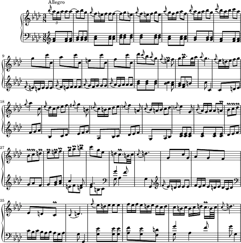 
\version "2.18.2"
\header {
  tagline = ##f
  % composer = "Domenico Scarlatti"
  % opus = "K. 204b"
  % meter = "Allegro"
}
%% les petites notes
trillE         = { \tag #'print { e4\prall } \tag #'midi { f32 e f e~ e8 } }
trillAesqp     = { \tag #'print { aes8.\prall } \tag #'midi { bes32 aes bes aes~ aes16 } }
trillAq        = { \tag #'print { a8\prall } \tag #'midi { bes32 a bes a } }
trillBesq      = { \tag #'print { bes8\prall } \tag #'midi { c32 bes c bes } }
trillCq        = { \tag #'print { c8\prall } \tag #'midi { \times 2/3 { c16 d c } } }
trillCqp       = { \tag #'print { c8.\prall } \tag #'midi { d32 c d c~ c16 } }
trillDesq      = { \tag #'print { des8\prall } \tag #'midi { ees32 des ees des } }
trillDq        = { \tag #'print { d8\prall } \tag #'midi { ees32 d ees d } }
trillEesq      = { \tag #'print { ees8\prall } \tag #'midi { f32 ees f ees } }
trillEq        = { \tag #'print { e8\prall } \tag #'midi { f32 e f e } }
trillFq        = { \tag #'print { f8\prall } \tag #'midi { g32 f g f } }
trillCqqp      = { \tag #'print { c16.\prall } \tag #'midi { \times 2/3 { c32 des c~ } c32 } }
trillGq        = { \tag #'print { g8\prall } \tag #'midi { aes32 g aes g } }
trillAesq      = { \tag #'print { aes8\prall } \tag #'midi { bes32 aes bes aes } }
trillBq        = { \tag #'print { b8\prall } \tag #'midi { c32 b c b } }
appoGAes       = { \tag #'print { \appoggiatura g8 aes4 } \tag #'midi { g16 aes8. } }
appoFisG       = { \tag #'print { \appoggiatura fis8 g4 } \tag #'midi { fis16 g8. } }
appoEF         = { \tag #'print { \appoggiatura e8 f4 } \tag #'midi { e16 f8. } }
appoDEes       = { \tag #'print { \appoggiatura d8 ees4 } \tag #'midi { d16 ees8. } }
upper = \relative c'' {
  \clef treble 
  \key f \minor
  \time 3/8
  \tempo 4. = 58 % tempo Ross
  \set Staff.midiInstrument = #"harpsichord"
  \override TupletBracket.bracket-visibility = ##f
      s8*0^\markup{Allegro}
      \appoggiatura bes'16  \times 2/3 { aes16 g aes } aes8[ aes]~ | aes bes g | \appoggiatura g16 \omit TupletNumber \times 2/3 { f16 e f } f8[ f]~ | f g e | \appoggiatura g16  \times 2/3 { f16 e f } g8[ e] | \appoggiatura aes16  \times 2/3 { g16 f g } aes8[ f] |  
      % ms. 7
      \appoggiatura bes16  \times 2/3 { aes16[ g aes] } bes8 g | \appoggiatura c16  \times 2/3 { bes16[ aes bes] } c8 aes | g c c, | aes' c c, | e c' c, | f c' c, |
      % ms. 13
      des'8 \appoggiatura c16 bes8 \appoggiatura aes16 g8 | \appoggiatura f16 \trillE f8 | g \trillAesqp g32 aes |
      \tempo 4. = 35 \appoggiatura aes8 g4.   \tempo 4. = 58 | \appoggiatura f16  \times 2/3 { ees16[ d ees] } f8 g |
      \appoGAes c,8 | \appoggiatura ees16  \times 2/3 { des16[ c des] } ees8 f |
      % ms. 20
      \appoFisG b,8 | \appoggiatura d16  \times 2/3 { c16[ b c] } d8 ees | 
      \appoEF a,8 |  \appoggiatura c16  \times 2/3 { bes16[ a bes] } c8 des |
      \appoDEes g,8 | \appoggiatura bes16  \times 2/3 { aes16[ g aes] } aes8 \trillAq | \trillBesq \trillCq \trillDesq | 
      % ms. 27
      \trillBesq \trillCq \trillDq | \trillEesq \trillEq \trillFq | \trillGq \trillAesq \trillBq | c8 g ees | d \trillCqp b32 c |
      \tempo 4. = 35 \appoggiatura c8 d4.   \tempo 4. = 58 | g,8 c g |
      % ms. 34
      aes8 g f | ees d \trillCq |   \tempo 4. = 38 \appoggiatura c8 d4.   \tempo 4. = 58 | \appoggiatura f'16  \times 2/3 { ees16[ d ees] } ees8 ees | \times 2/3 { f16[ ees f] } \times 2/3 { ees16[ d ees] } \times 2/3 { d16[ c d] } |
      % ms. 39
      \times 2/3 { c16[ b c] } \times 2/3 { b16[ c d] } \trillCqqp b64 c |   \tempo 4. = 35 \appoggiatura c8 d4.   \tempo 4. = 58 |
}
lower = \relative c' {
  \clef bass
  \key f \minor
  \time 3/8
  \set Staff.midiInstrument = #"harpsichord"
  \override TupletBracket.bracket-visibility = ##f
    % ************************************** \appoggiatura a16  \repeat unfold 2 {  } \times 2/3 { }   \omit TupletNumber 
      \grace s16 % bug…
        \clef treble  < f aes >8 q q | < g bes > q q | < aes c > q q | < bes des > q q | q q q | < aes c > q q |
      % ms. 7
       < g bes > q q | < f aes >8 q q | \omit TupletNumber  \appoggiatura f16  \times 2/3 { e16[ d e] } e8 e | \appoggiatura g16  \times 2/3 { f16[ e f] } f8 f | \appoggiatura aes16  \times 2/3 { g16[ f g] } g8 g | \appoggiatura bes16  \times 2/3 { aes16[ g aes] } aes8 aes | 
      % ms. 13
      < bes des >8 q q | < bes c >4 < aes c >8 | < g bes > < f aes > b | c8 c,4 | c8 d ees | f g aes | bes, c des |
      % ms. 20
      ees8 f g | aes, bes c | des ees f | g, aes bes | < c ees > q q | q q q | des ees f |
      % ms. 27
      g8 aes f | g < g bes > < aes c > | << { c4 f,8 | g4. } \\ { e8 f d | ees b c } >>   \clef bass << { g'4 f8 } \\ { g,8 aes4 } >> | g4 g,8 | \clef treble  \appoggiatura f''16  \times 2/3 { ees16[ d ees] } ees8 ees | 
      % ms. 34
      \times 2/3 { f16[ ees f] } \times 2/3 { ees16[ d ees] } \times 2/3 { d16[ c d] } | \clef bass \times 2/3 { c16[ bes c] } \times 2/3 { bes16[ aes bes] } \times 2/3 { aes16[ g aes] } | g8 g,4 | < g' ees' >8 q q | < aes f' > < g ees' > < f d' > |
      % ms. 39
      << { g'4 f8 } \\ { g,8 aes4 } >> | g'8 g,4 |
}
thePianoStaff = \new PianoStaff <<
    \set PianoStaff.instrumentName = #"Clav."
    \new Staff = "upper" \upper
    \new Staff = "lower" \lower
  >>
\score {
  \keepWithTag #'print \thePianoStaff
  \layout {
      #(layout-set-staff-size 17)
    \context {
      \Score
     \override SpacingSpanner.common-shortest-duration = #(ly:make-moment 1/2)
      \remove "Metronome_mark_engraver"
    }
  }
}
\score {
  \keepWithTag #'midi \thePianoStaff
  \midi { }
}
