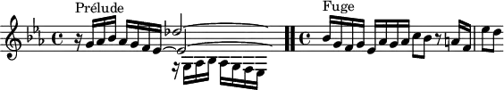 
\version "2.18.2"
\header {
  tagline = ##f
}
\score {
  \new Staff \with {
  }
<<
  \relative c' {
    \key ees \major
    \time 4/4
	\set Staff.midiInstrument = #"harpsichord" 
     %% INCIPIT CBT I-17, BWV 852, mi-bémol majeur
     << { s8*0^\markup{Prélude} s2 des'2~ \hideNotes des8} \\ { s2 r16 g,,16 aes bes aes[ g f ees] } \\ { bes''16\rest g16 aes bes aes g f ees~ \once \override Staff.TimeSignature #'stencil = ##f \time 9/8 ees2~ \hideNotes ees8 } >> \bar ".."
     \time 4/4 \partial 1
     s4*0^\markup{Fuge} bes'16 g f g ees aes g aes c8 bes r8 a16 f ees'8[ d]
  }
>>
  \layout {
     \context { \Score \remove "Metronome_mark_engraver" 
     \override SpacingSpanner.common-shortest-duration = #(ly:make-moment 1/2) 
       }
  }
  \midi {}
}
