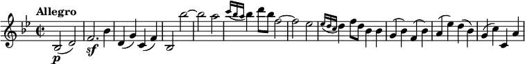 
\version "2.18.2"
\relative c'' {
  \key bes \major
  \time 2/2
  \tempo "Allegro "
  \tempo 4 = 190
  bes,2  \p (d)
  f2.  \sf bes4
  d, (g) c, (f)
  bes,2 bes'' ~
  bes a
  \grace {c16 (bes a} bes4) d8 bes f2 ~
  f ees
  \grace {ees16 (d c} d4) f8 d bes4 bes
  g (bes) f (bes)
  a (ees') d (bes)
  g (c) c, a' 
}
